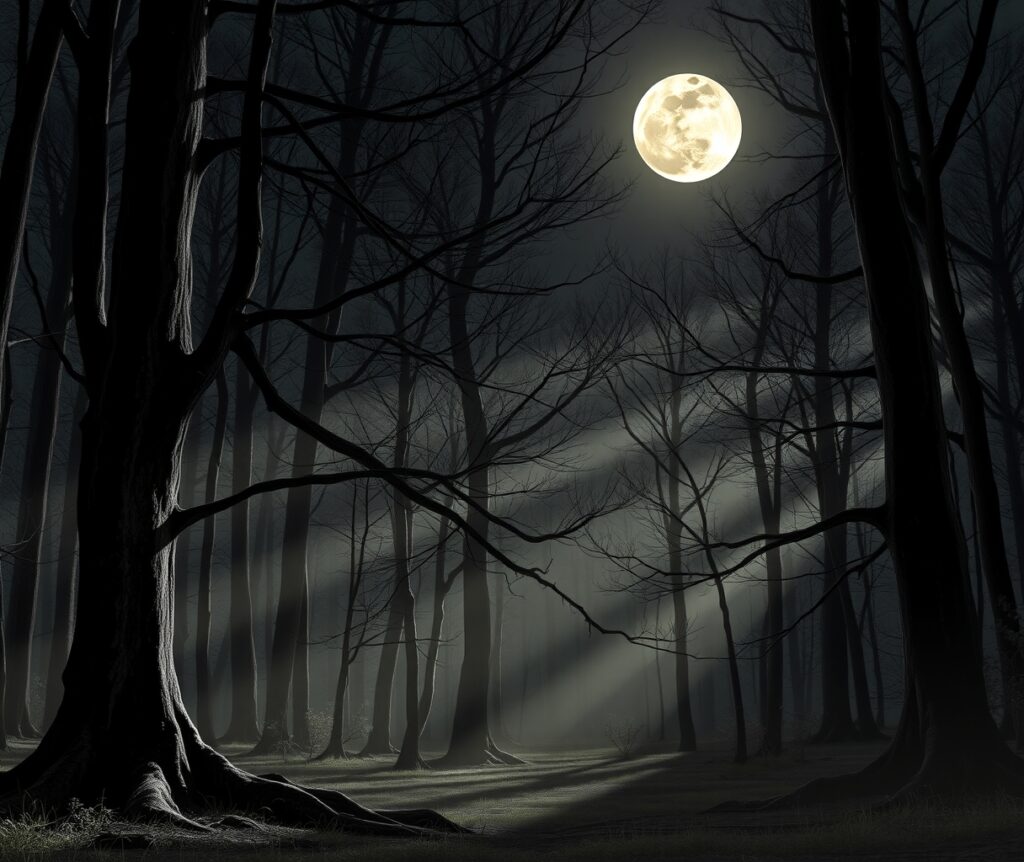 Monochrome Forest Under Moonlight – free AI stock image