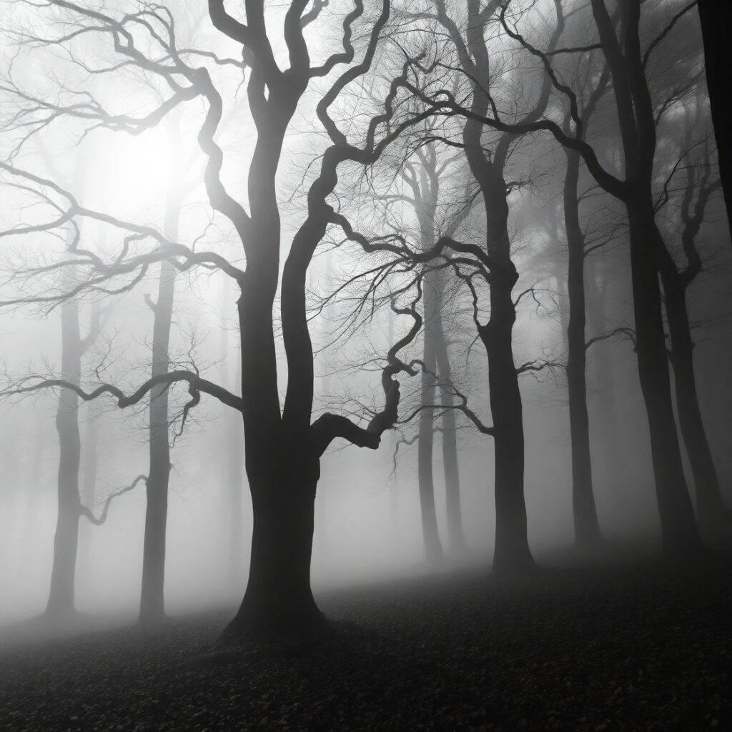 Monochrome Forest with Ethereal Mist – free AI stock image
