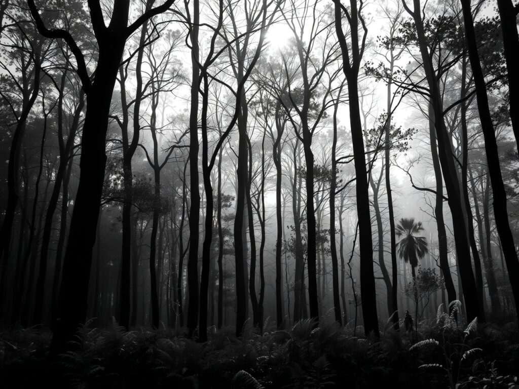 Monochrome Forest with Faint Shadows – free AI stock image