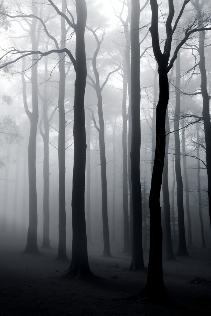Monochrome Forest with Misty Background – free AI stock image