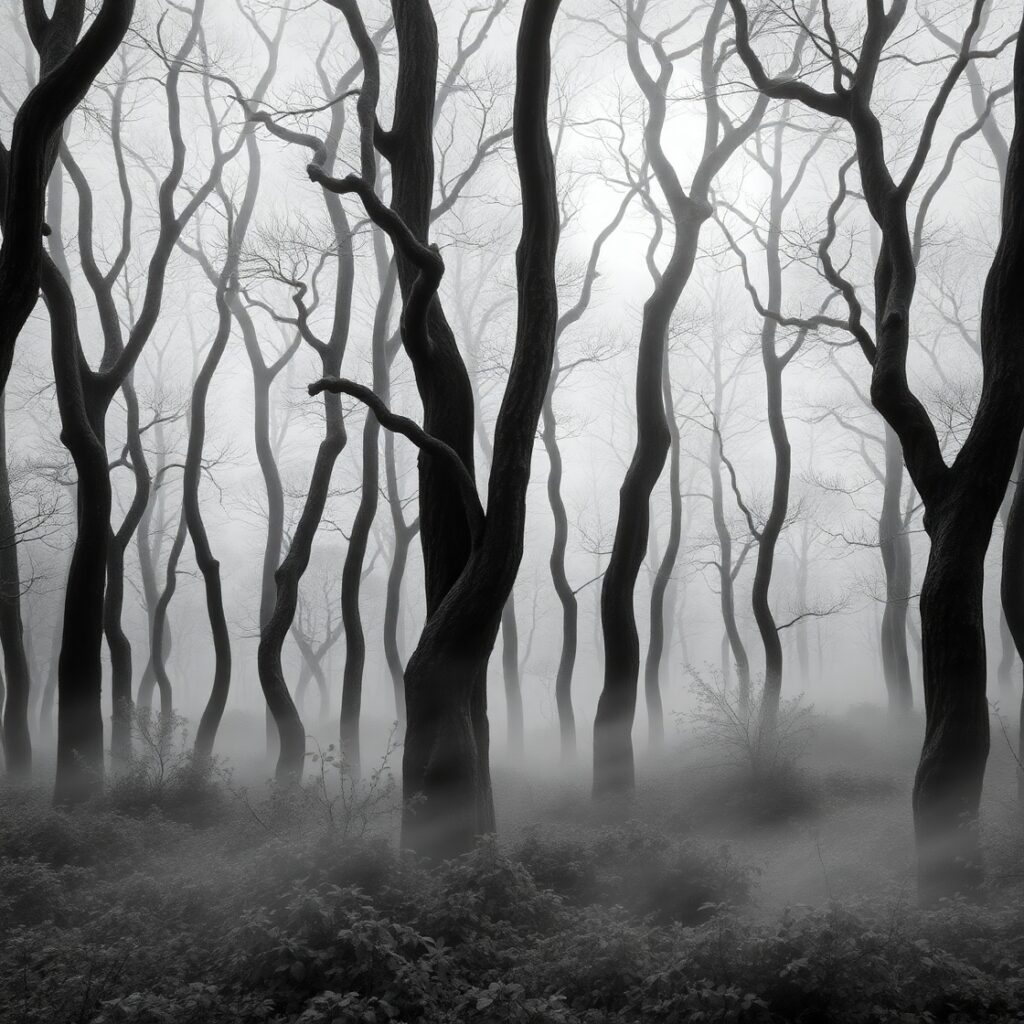Monochrome Forest with Misty Depths – free AI stock image