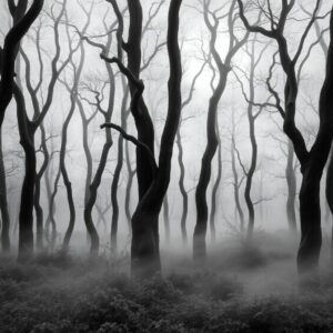 Monochrome Forest with Misty Depths – free AI stock image