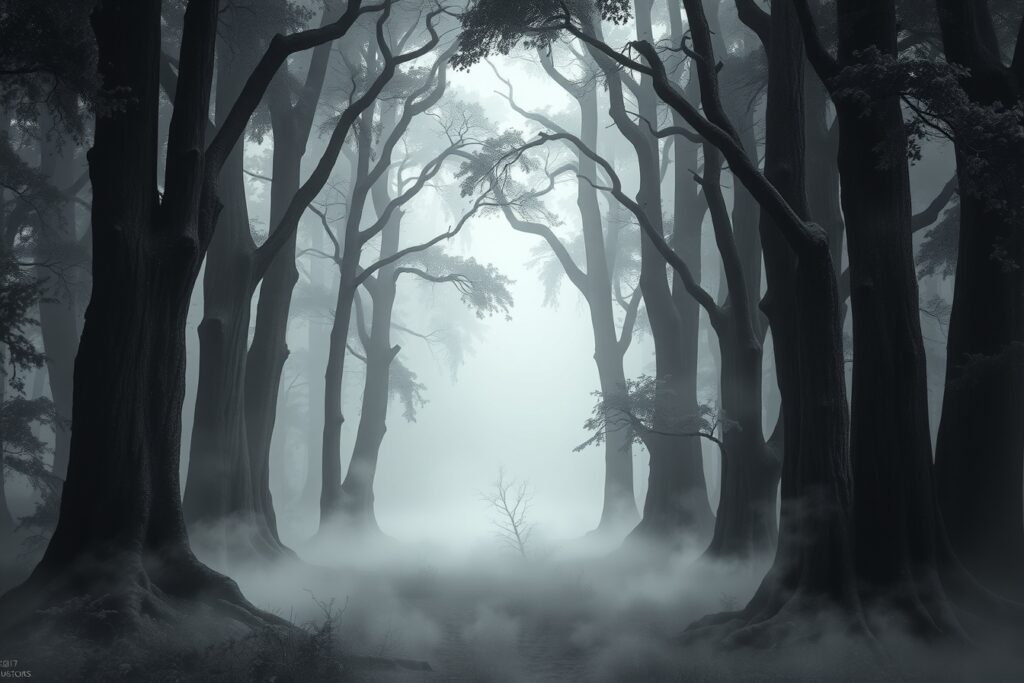 Monochrome Forest with Misty Fog – free AI stock image