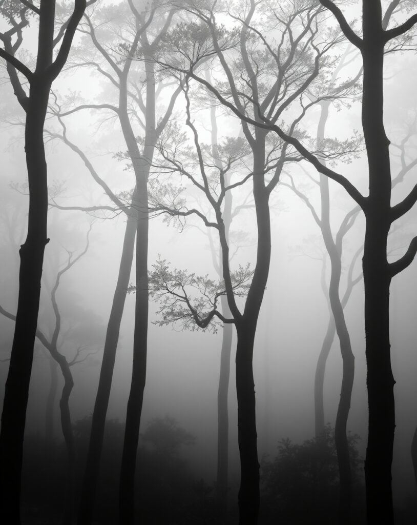 Monochrome Forest with Misty Trees – free AI stock image