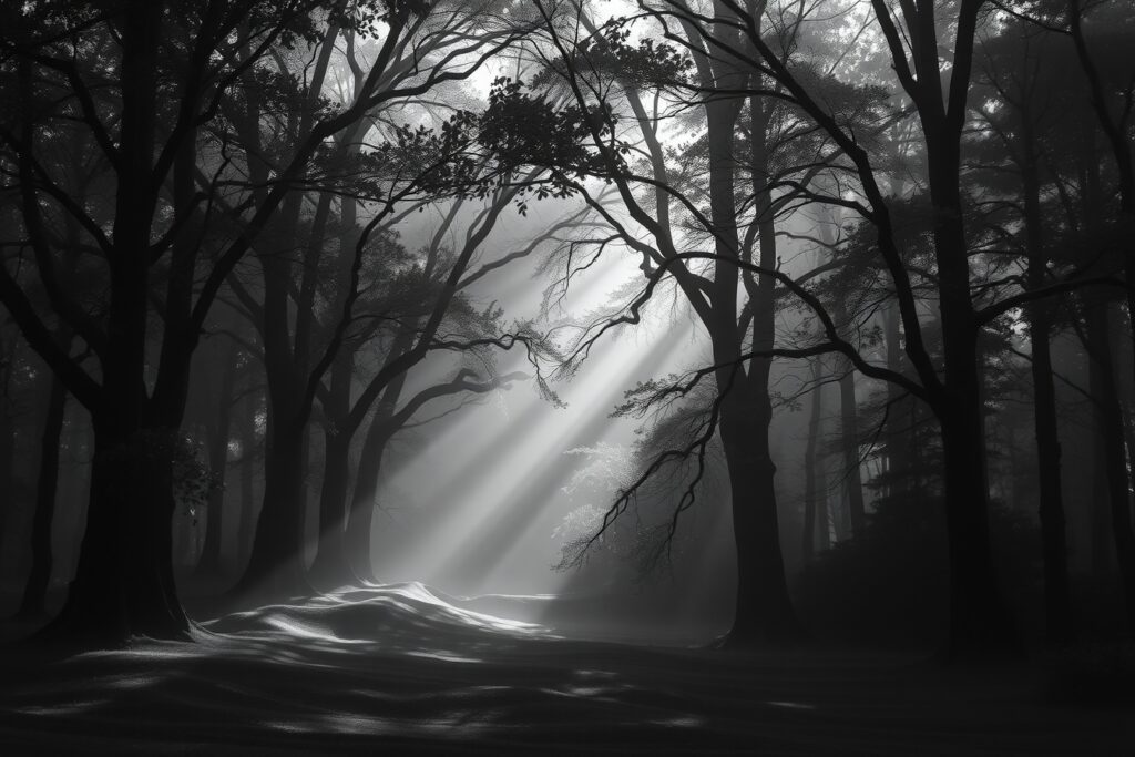 Monochrome Forest with Shadows and Light – free AI stock image