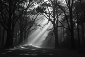 Monochrome Forest with Shadows and Light – free AI stock image