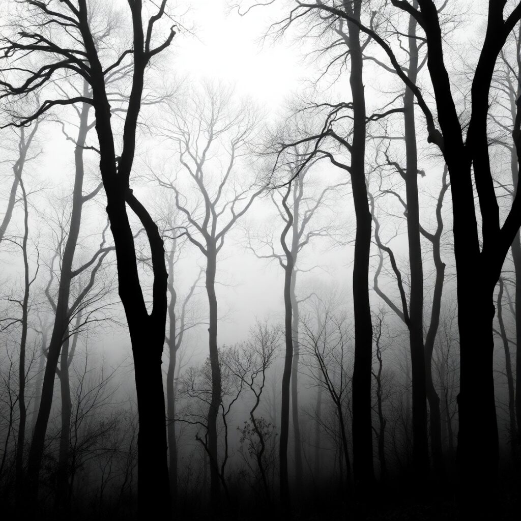 Monochrome Forest with Silhouetted Trees – free AI stock image