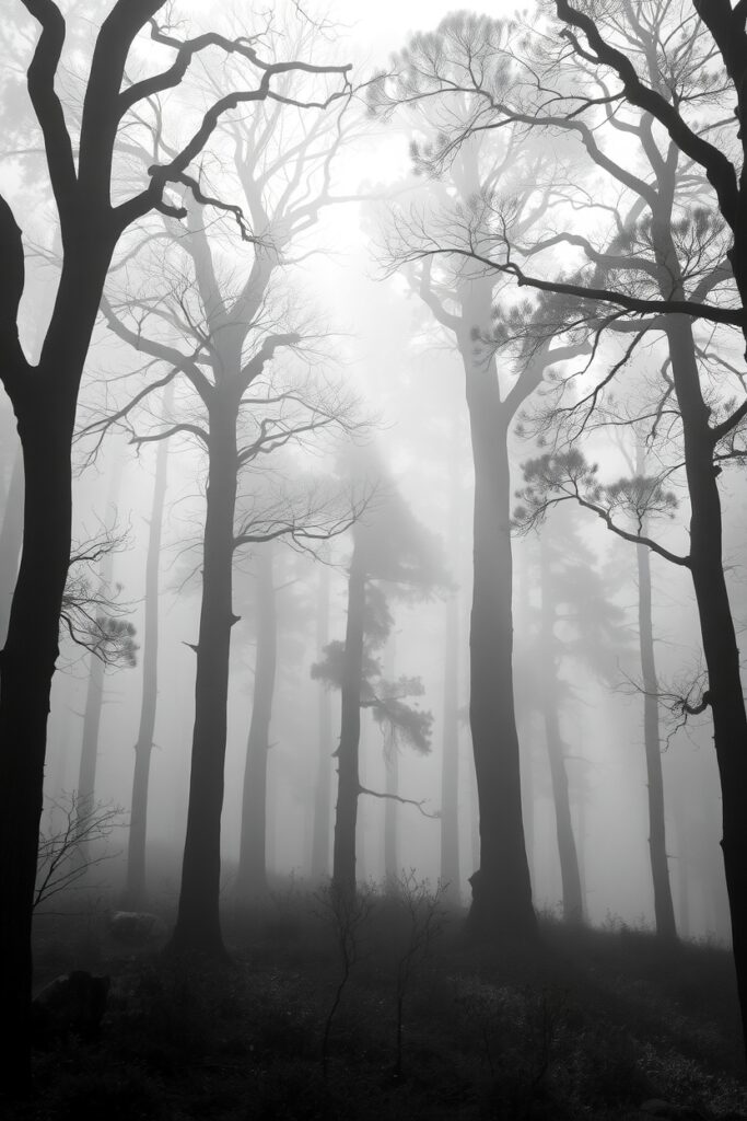 A Monochrome Journey Through Misty Forest – free AI stock image