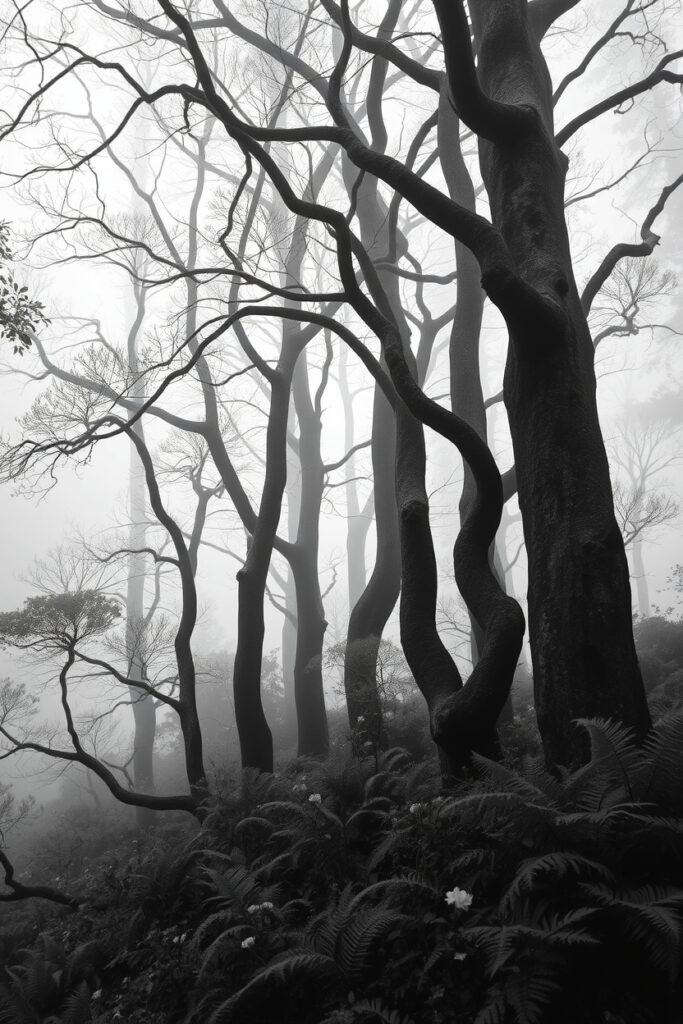 Monochrome Landscape of a Silent Forest – free AI stock image