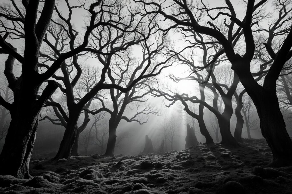 Monochrome Landscape of an Ancient Forest – free AI stock image