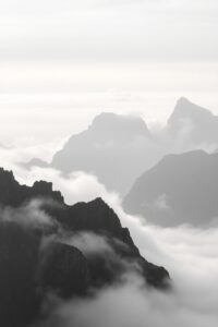 Monochrome Landscape of Foggy Mountains – free AI stock image