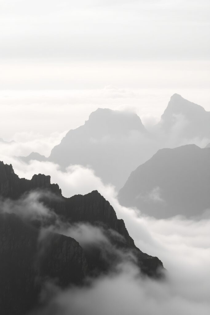 Monochrome Landscape of Foggy Mountains – free AI stock image