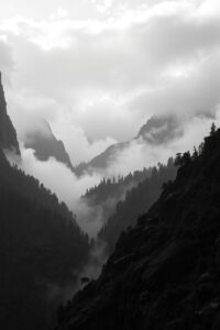 Monochrome Landscape of Misty Mountains – free AI stock image