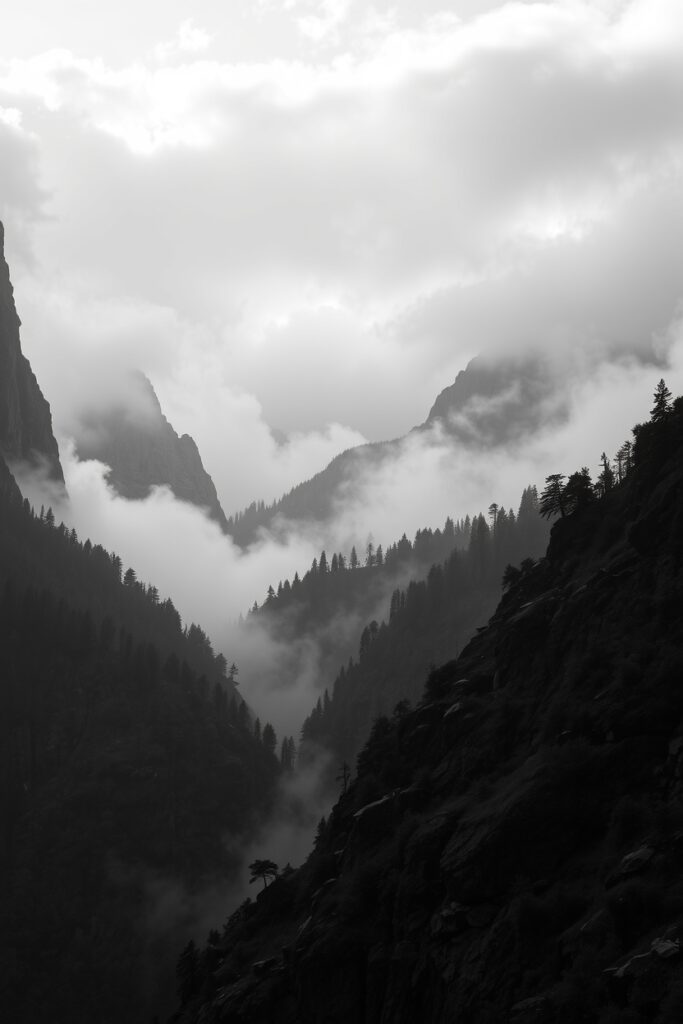 Monochrome Landscape of Misty Mountains – free AI stock image