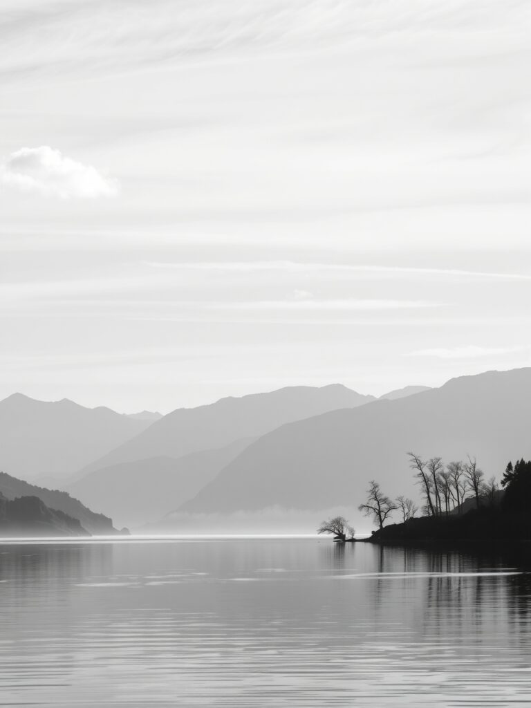 Monochrome Landscape of Solitude and Stillness – free AI stock image