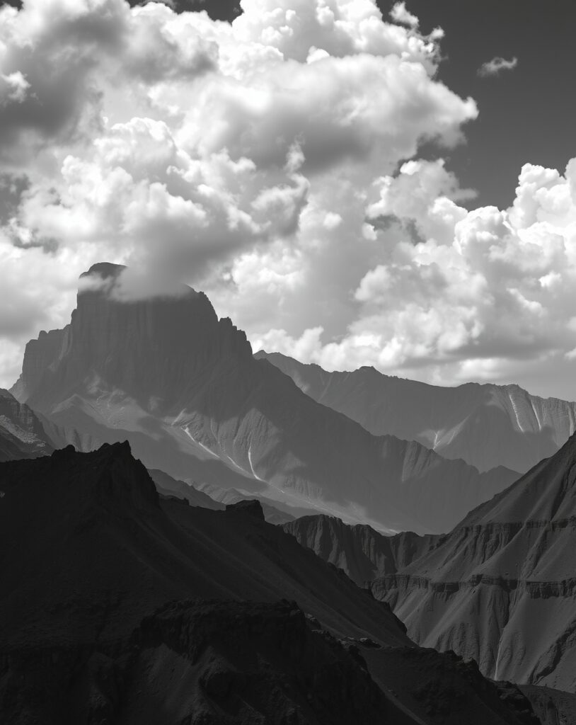 Monochrome Landscape Under a Cloudy Sky – free AI stock image