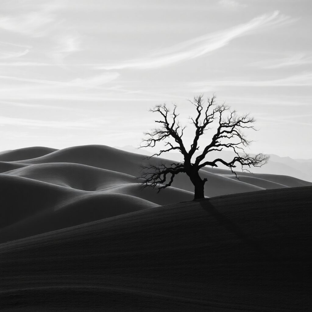 Monochrome Landscape with Shadows and Light – free AI stock image