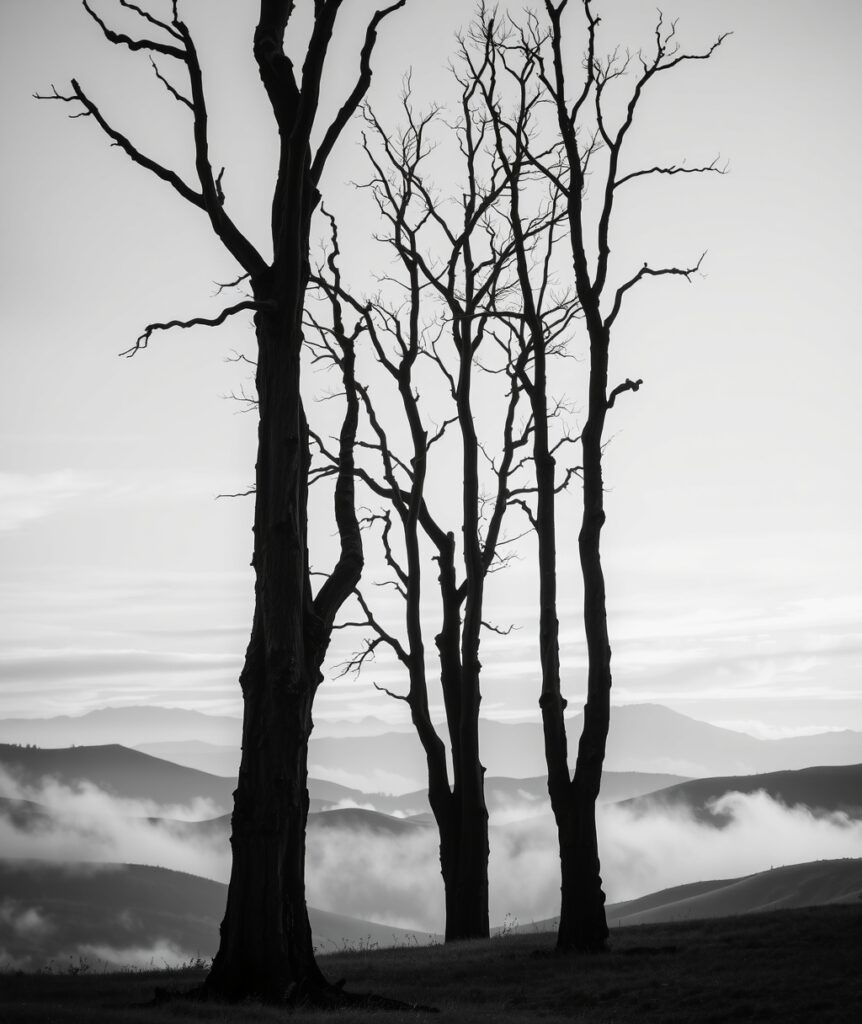 Monochrome Landscape with Silhouetted Trees – free AI stock image