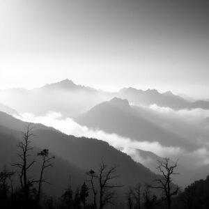 Monochrome Misty Mountains at Dawn – free AI stock image