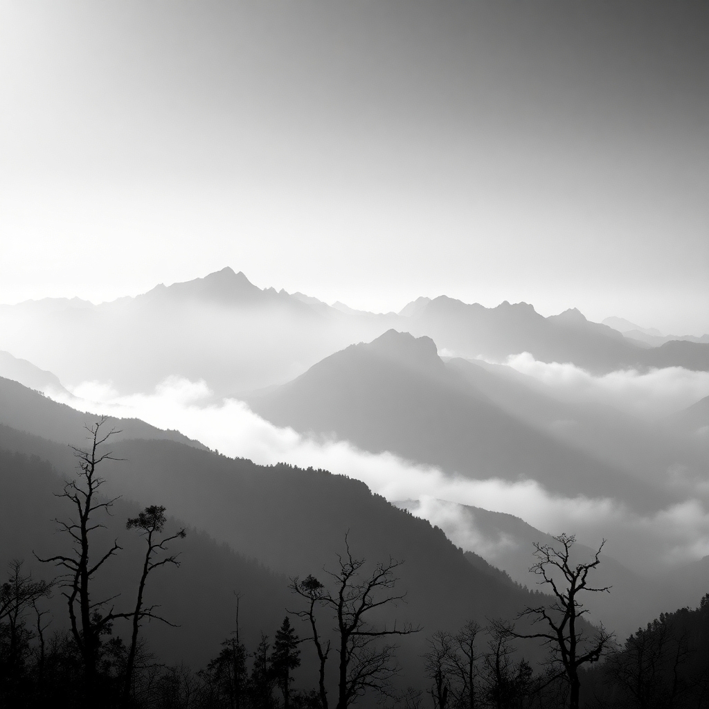 Monochrome Misty Mountains at Dawn – free AI stock image