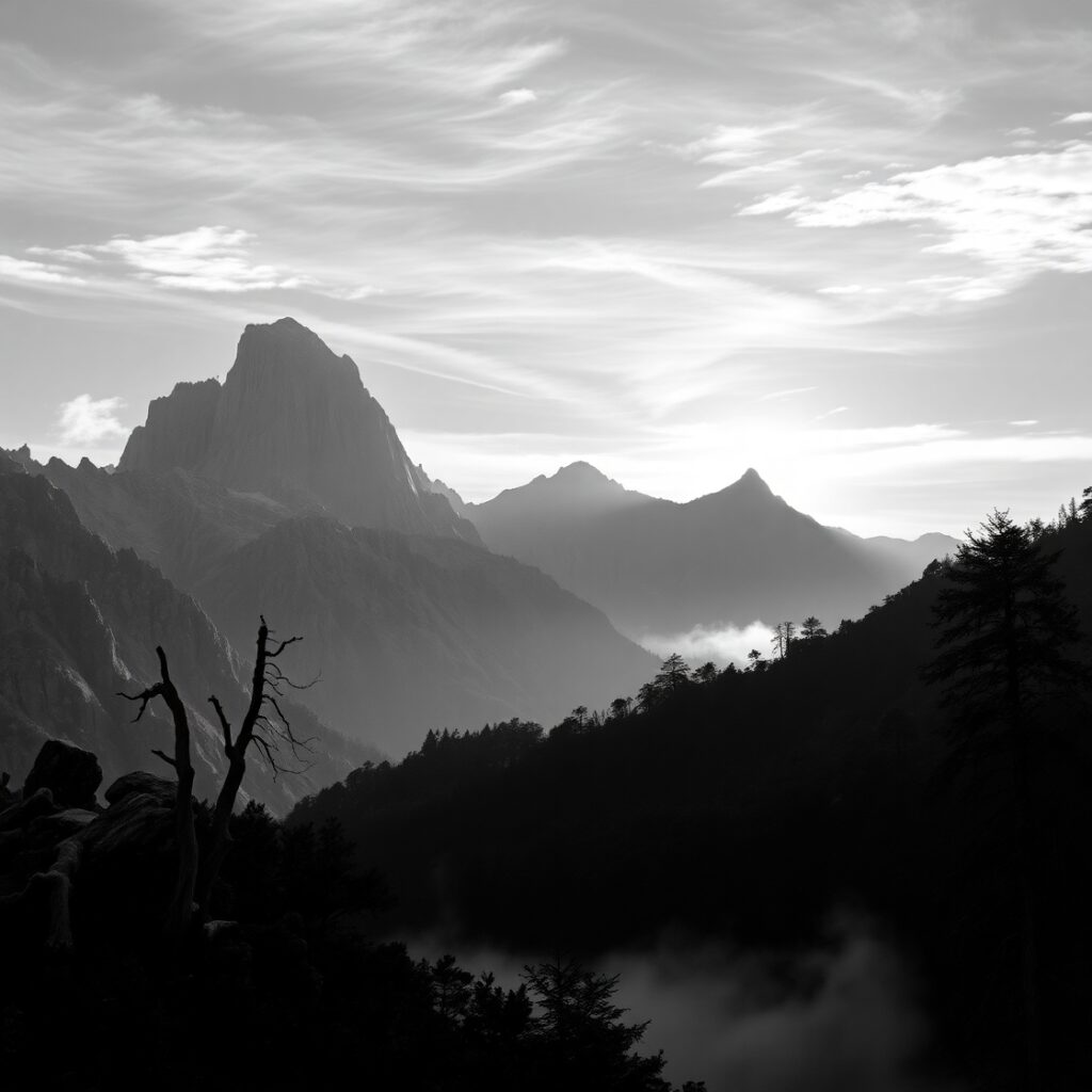 Monochrome Mountain Landscape at Dawn – free AI stock image
