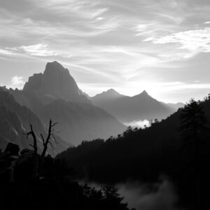 Monochrome Mountain Landscape at Dawn – free AI stock image
