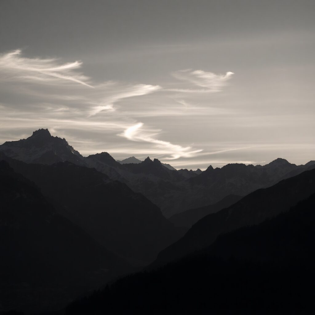 Monochrome Mountain Landscape at Dusk – free AI stock image