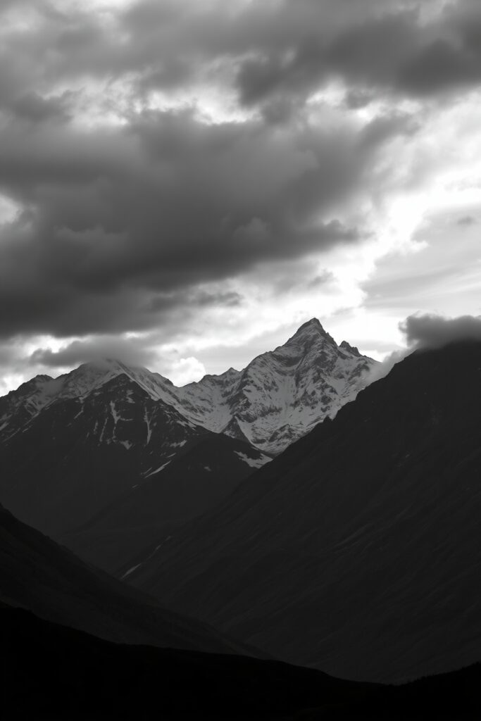 Monochrome Mountain Landscape Under a Cloudy Sky – free AI stock image