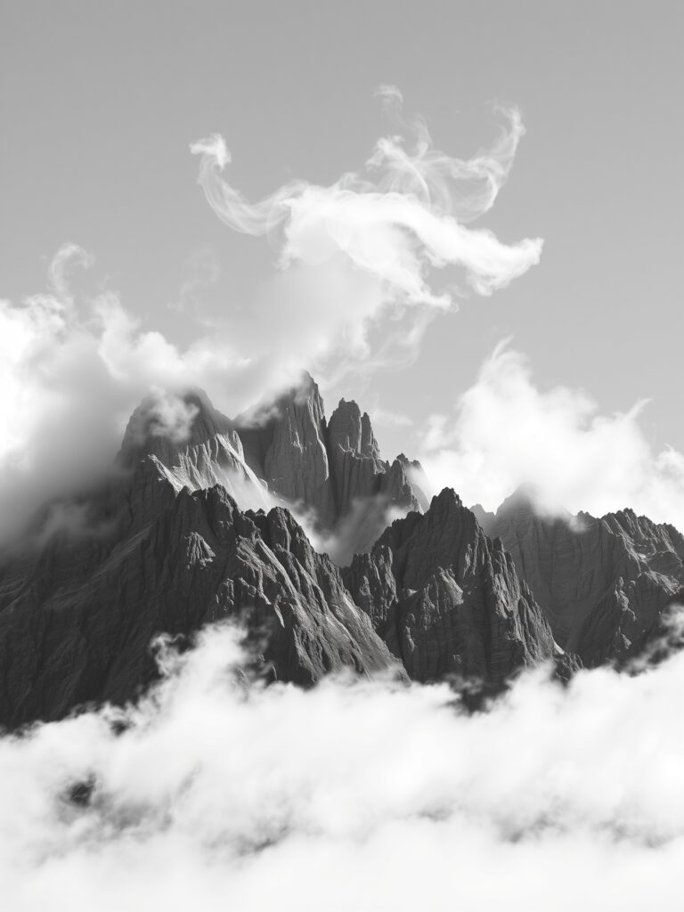 Monochrome Mountains Against a Misty Sky – free AI stock image