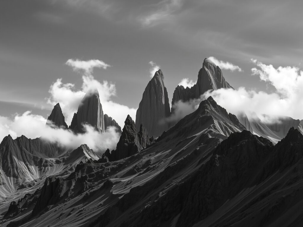 Monochrome Mountains Under a Cloudy Sky – free AI stock image