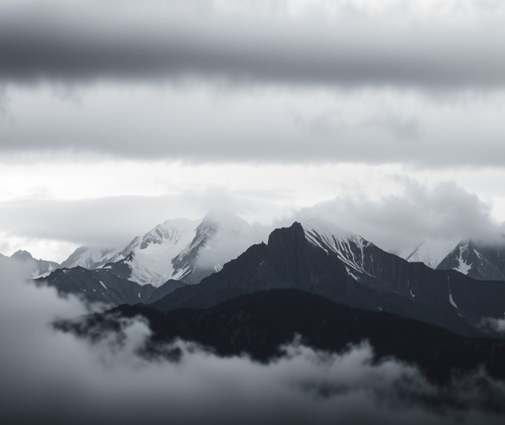 Monochrome Mountains Under a Foggy Sky – free AI stock image