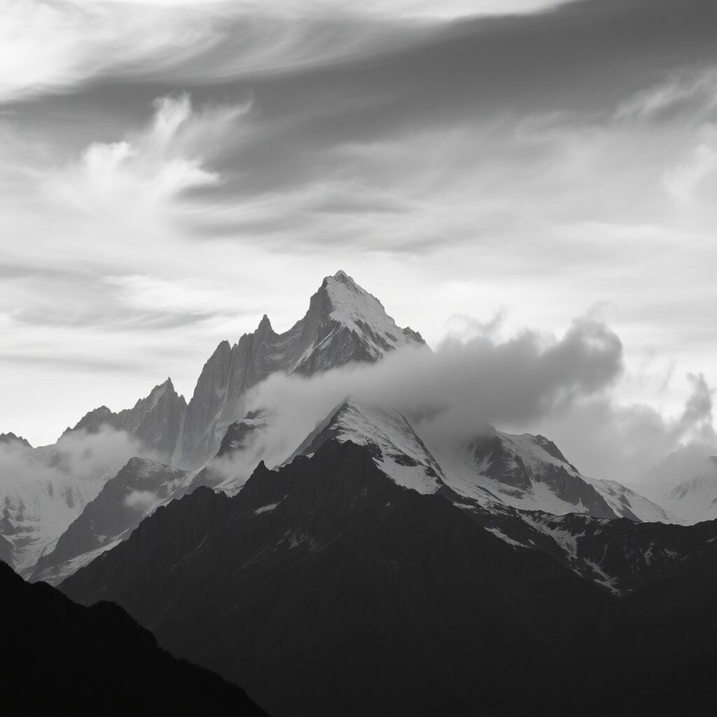Monochrome Mountains Under Cloudy Sky – free AI stock image