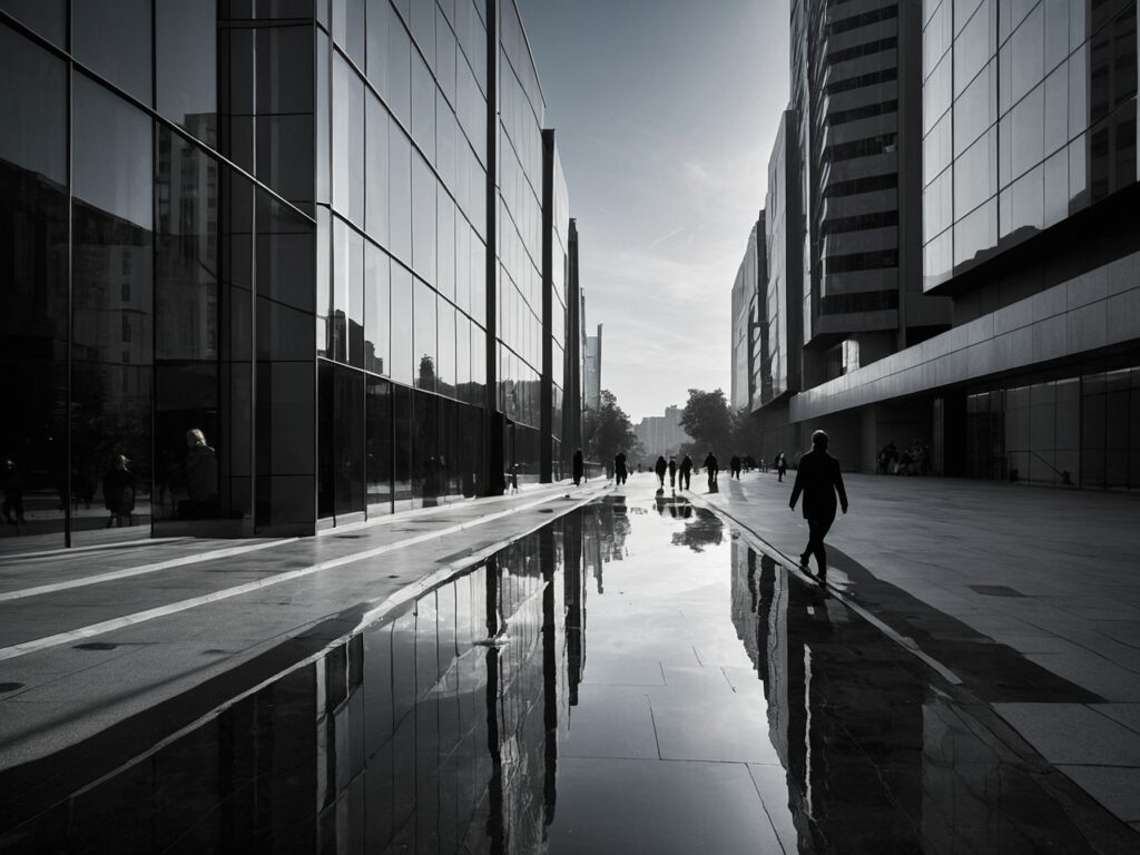 Monochrome Reflection in Urban Landscape – free AI stock image
