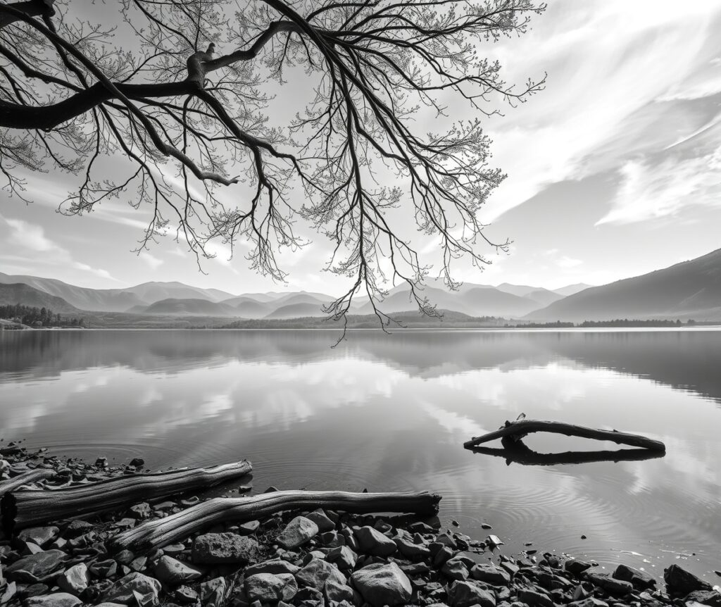 Monochrome Reflections on Still Waters – free AI stock image