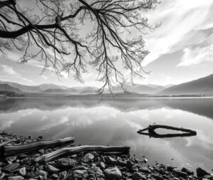 Monochrome Reflections on Still Waters – free AI stock image