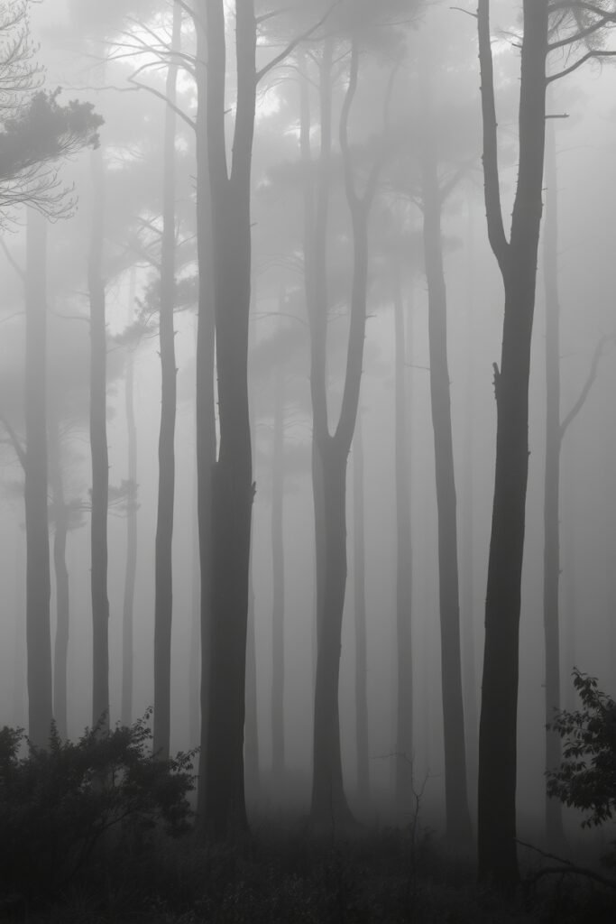 Monochrome Serenity in a Foggy Forest – free AI stock image