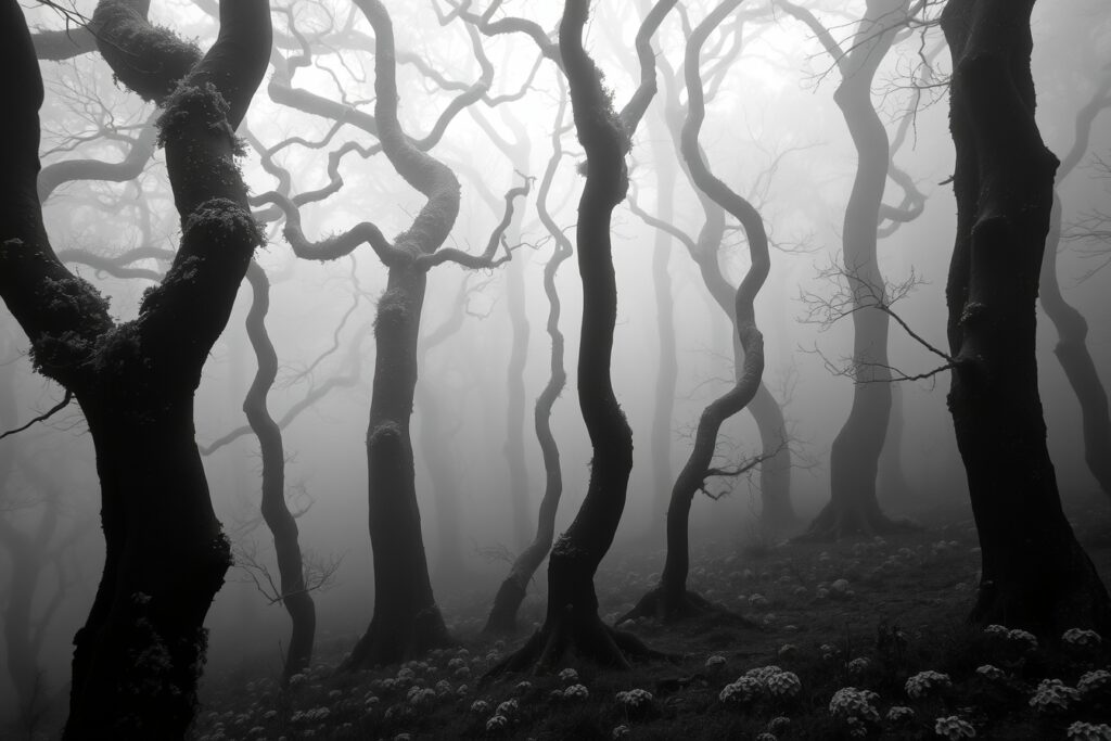 Monochrome Serenity in a Foggy Forest – free AI stock image