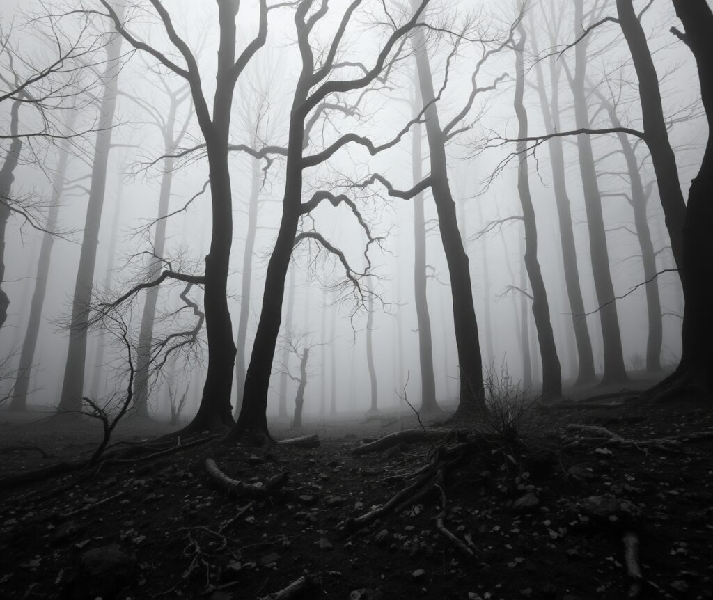 Monochrome Serenity in a Foggy Forest – free AI stock image