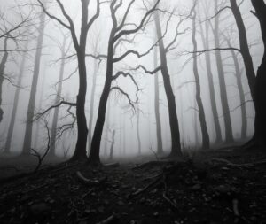 Monochrome Serenity in a Foggy Forest – free AI stock image