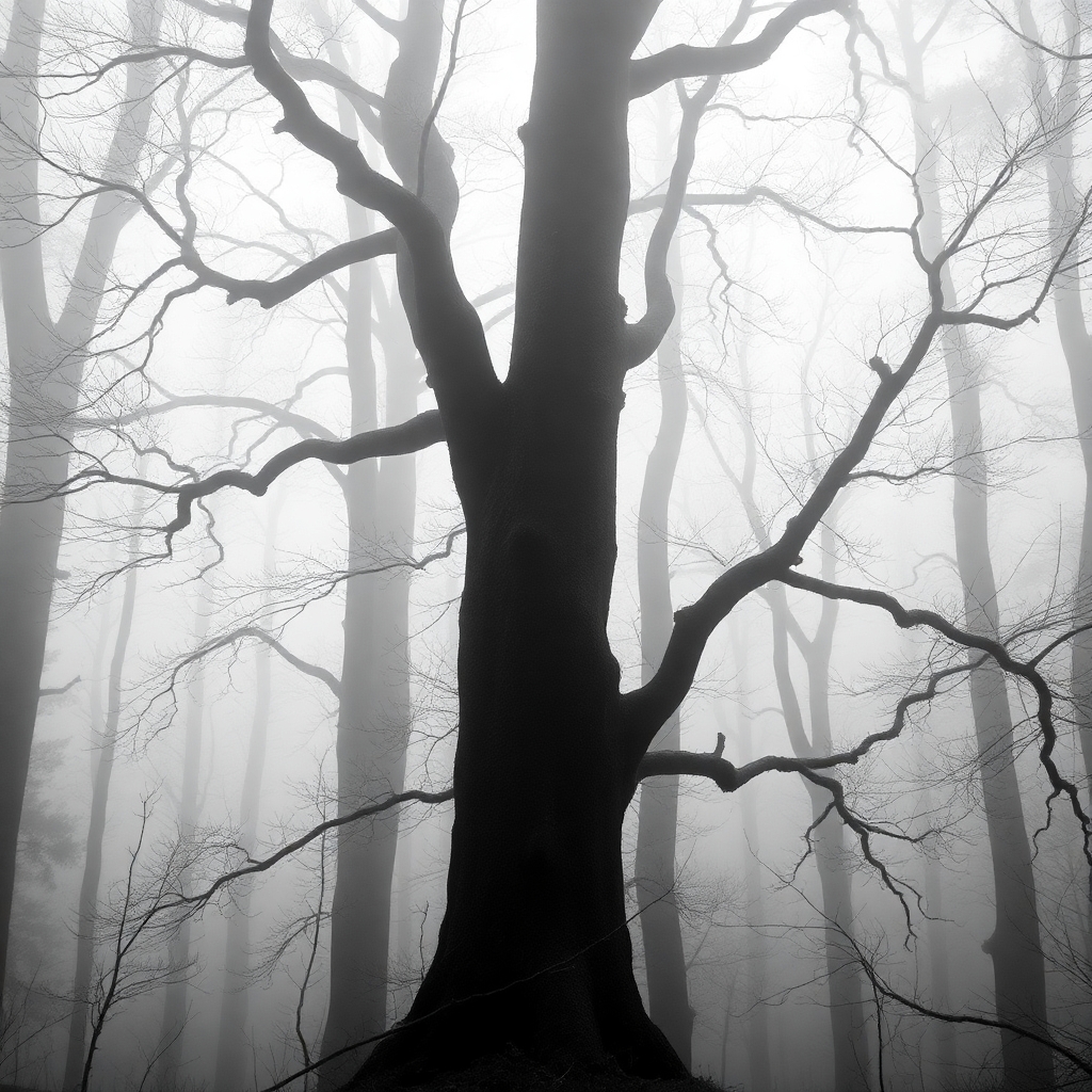 Monochrome Serenity in a Foggy Forest – free AI stock image