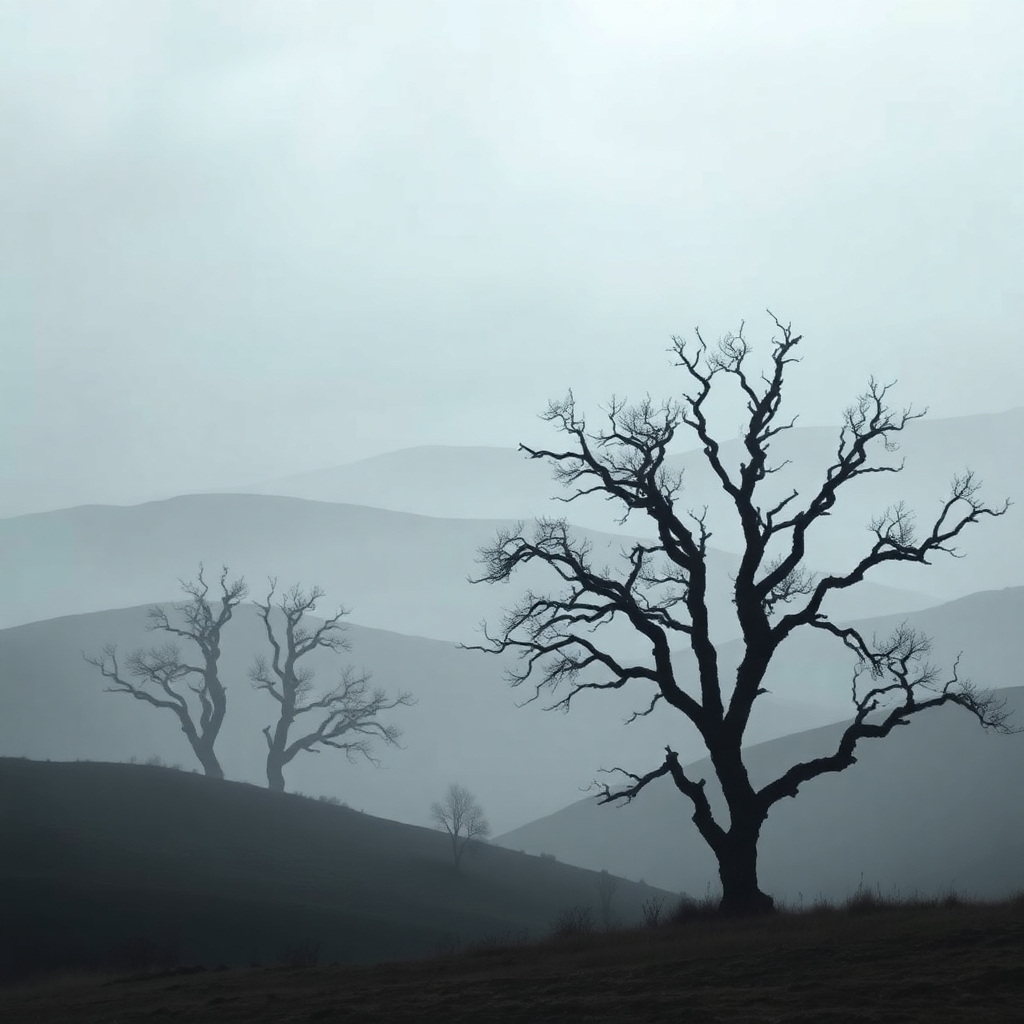 Monochrome Serenity in a Foggy Landscape – free AI stock image