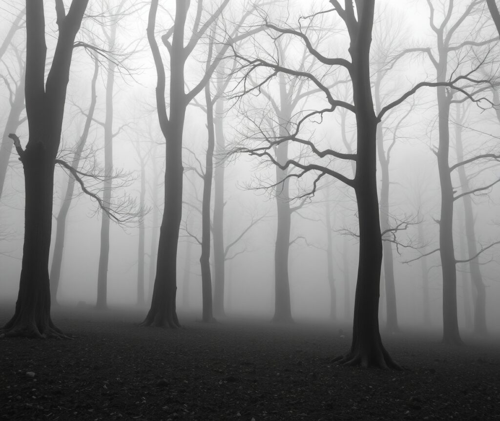 Monochrome Serenity in a Misty Forest – free AI stock image