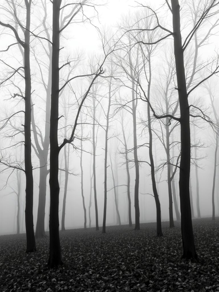 Monochrome Serenity in a Misty Forest – free AI stock image