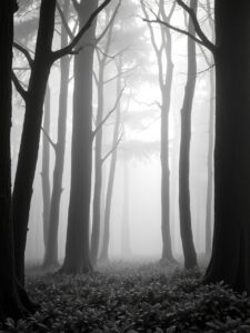 Monochrome Serenity in a Misty Forest – free AI stock image