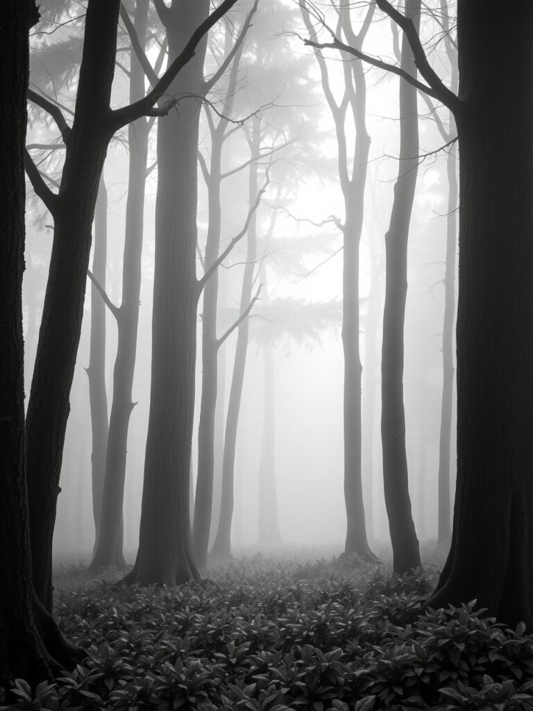 Monochrome Serenity in a Misty Forest – free AI stock image