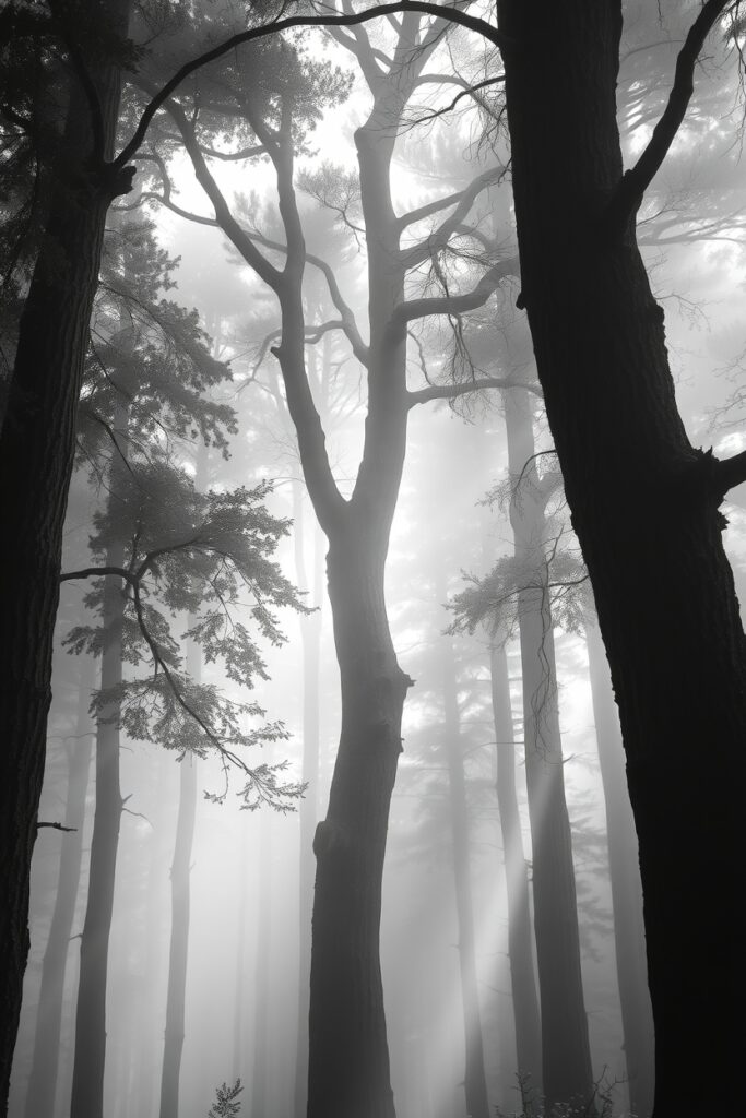 Monochrome Serenity in a Misty Forest – free AI stock image
