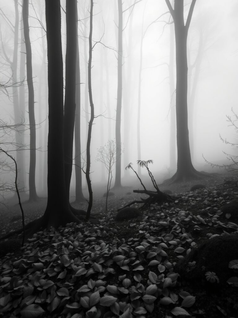 Monochrome Serenity in a Misty Forest – free AI stock image
