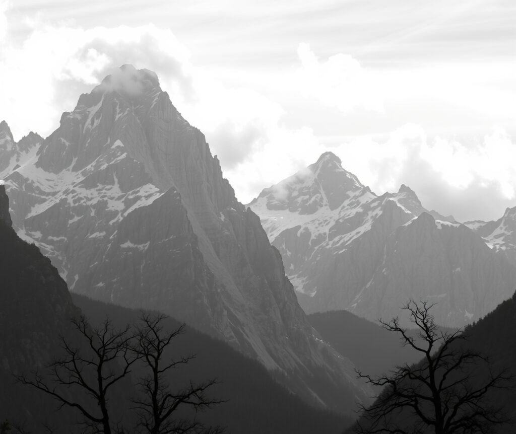 Monochrome Serenity in a Mountain Landscape – free AI stock image