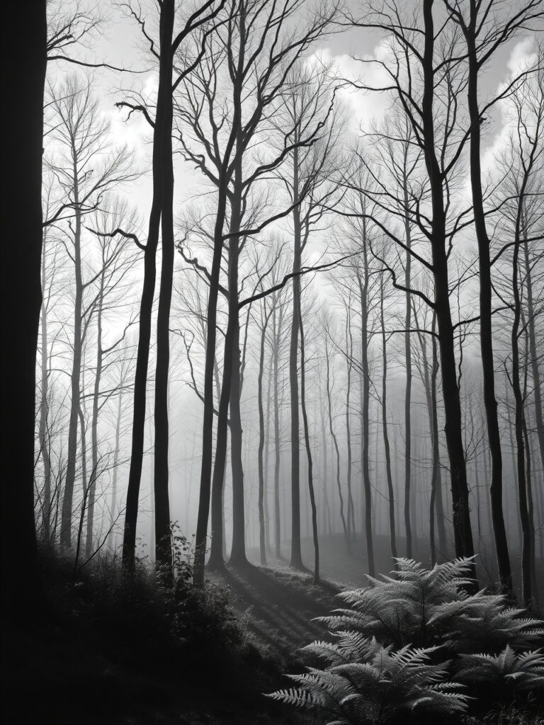 Monochrome Serenity in a Quiet Forest – free AI stock image