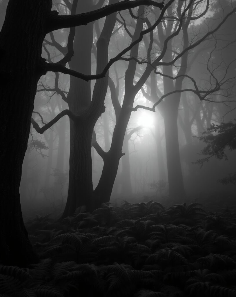 Monochrome Silence in a Misty Forest – free AI stock image